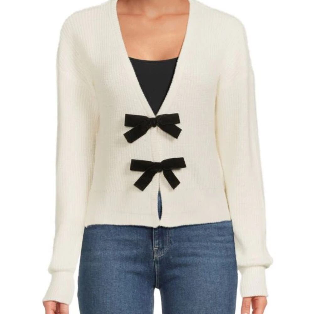 DESIGN HISTORY Women's Bow Ribbed Cardigan - L - NWT